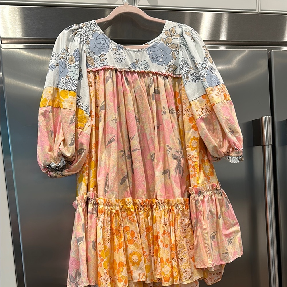 Free People Floral Patchwork Mini Dress in Pink, Yellow, Blue
